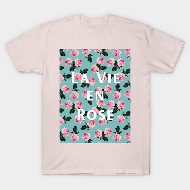 La Vie En Rose - scattered pink roses on turquoise on pink tee T-Shirt by bettyretro